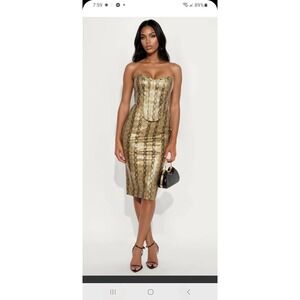 Privy Gold Metallic Faux Snakeskin Midi Dress Strapless Large fits like Med